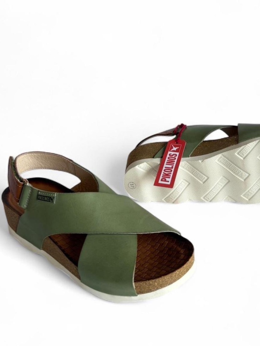 PIKOLINOS Olive Green and Brown Crossband MAHON Wedge Sandals - Picture 4 of 8